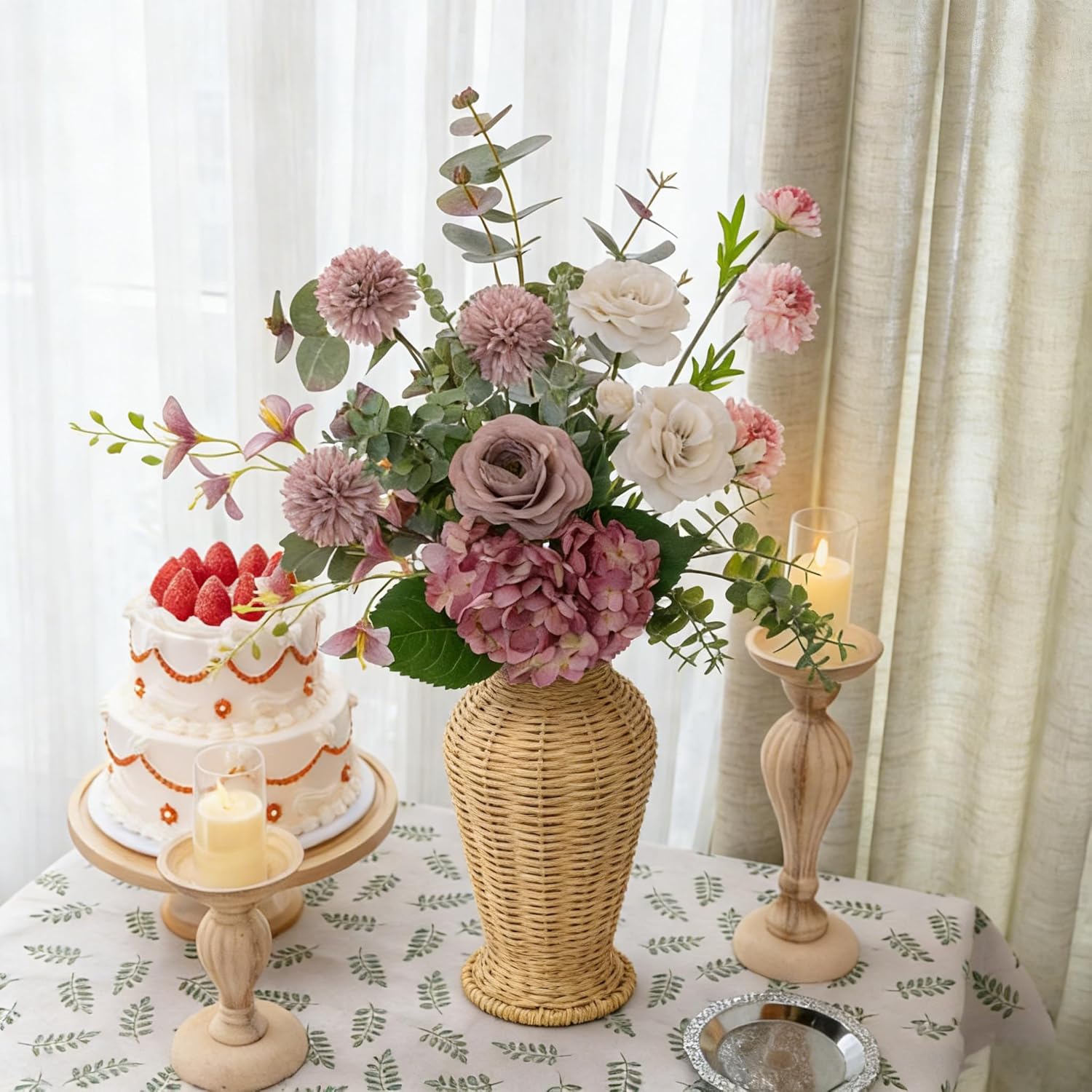9-inch Handmade Vases for Artificial Bouquets, Rattan Vases for Dry Flowers, Fake Flowers Vase for Home Decor