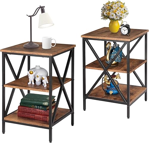 SUPER DEAL Juego de 2 mesas auxiliares de 3 niveles con estantes de almacenamiento mesa de sofá pequeña de madera moderna para sala de estar