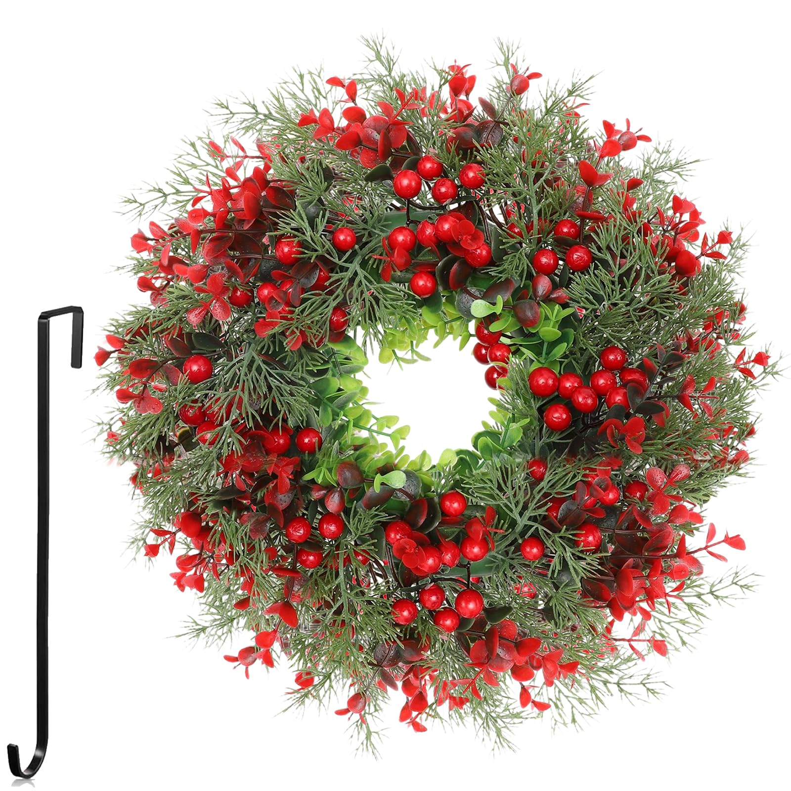 30CM Corona Navidad Puerta, Corona Navidad con Bayas y Flores, Coronas de Navidad Artificial con Gancho Negro, Colgante Adorno Puerta Navidad, Adornos Navidad para Innen außen