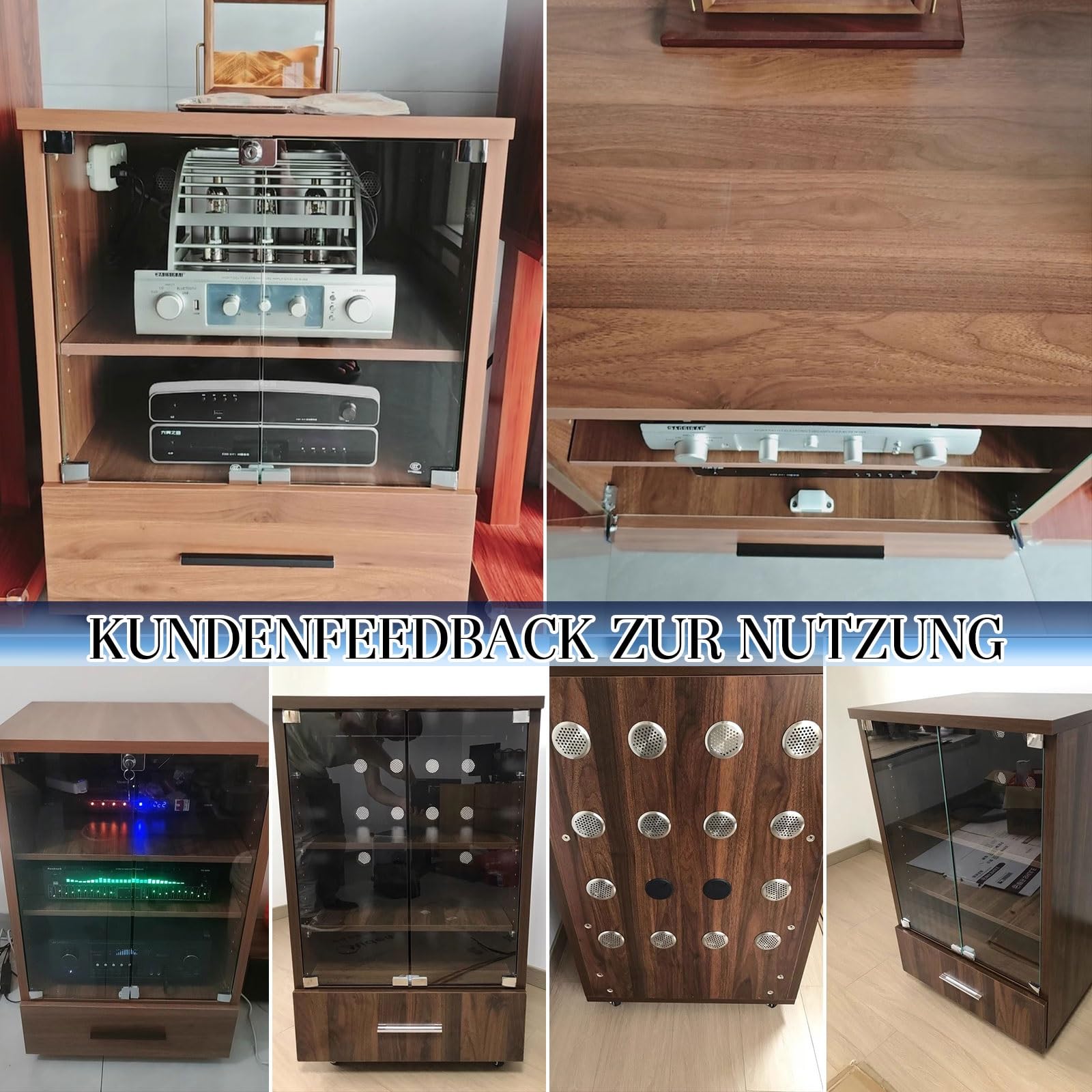 Support de console multimédia en bois massif avec porte en verre, support audio et vidéo sur roulettes, tiroirs de rangement pour salon, chambre à coucher, bureau – Armoire de lecteur de disques