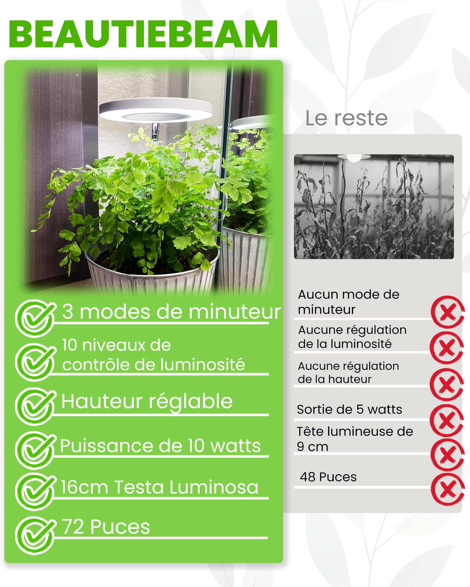 Lampe de croissance pour plantes,LED spectre complet,réglable,Timer auto,10W,idéal grandes plantes,Blanc,2PCS