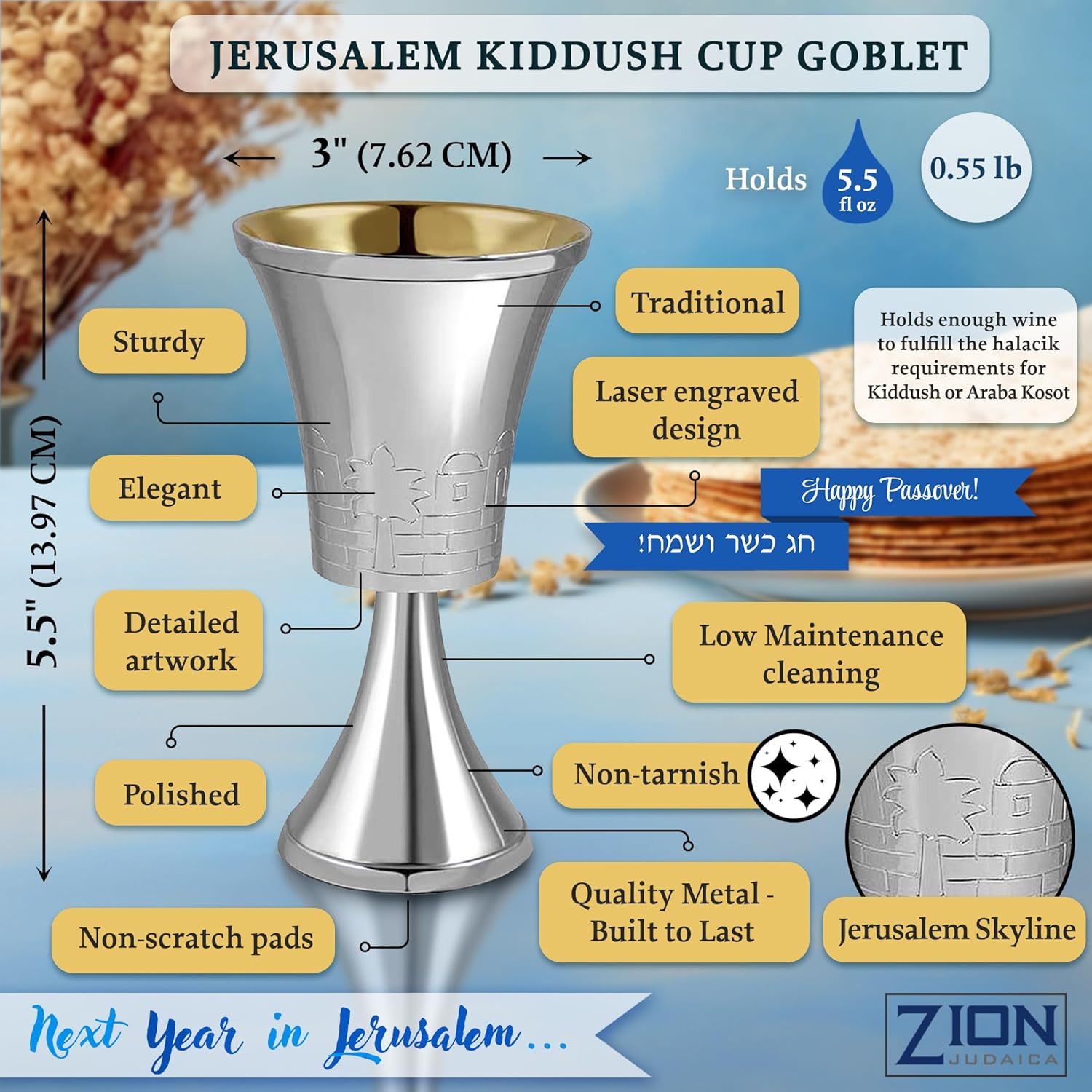 Zion Judacia Complete Passover Seder Set for Pesach – Seder Plate, Matzah Tray, Elijah Cup with Coaster, Kiddush Wine Cup & Round Matzah Cover Afikoman Bag – Elegant Jewish Holiday Table Set