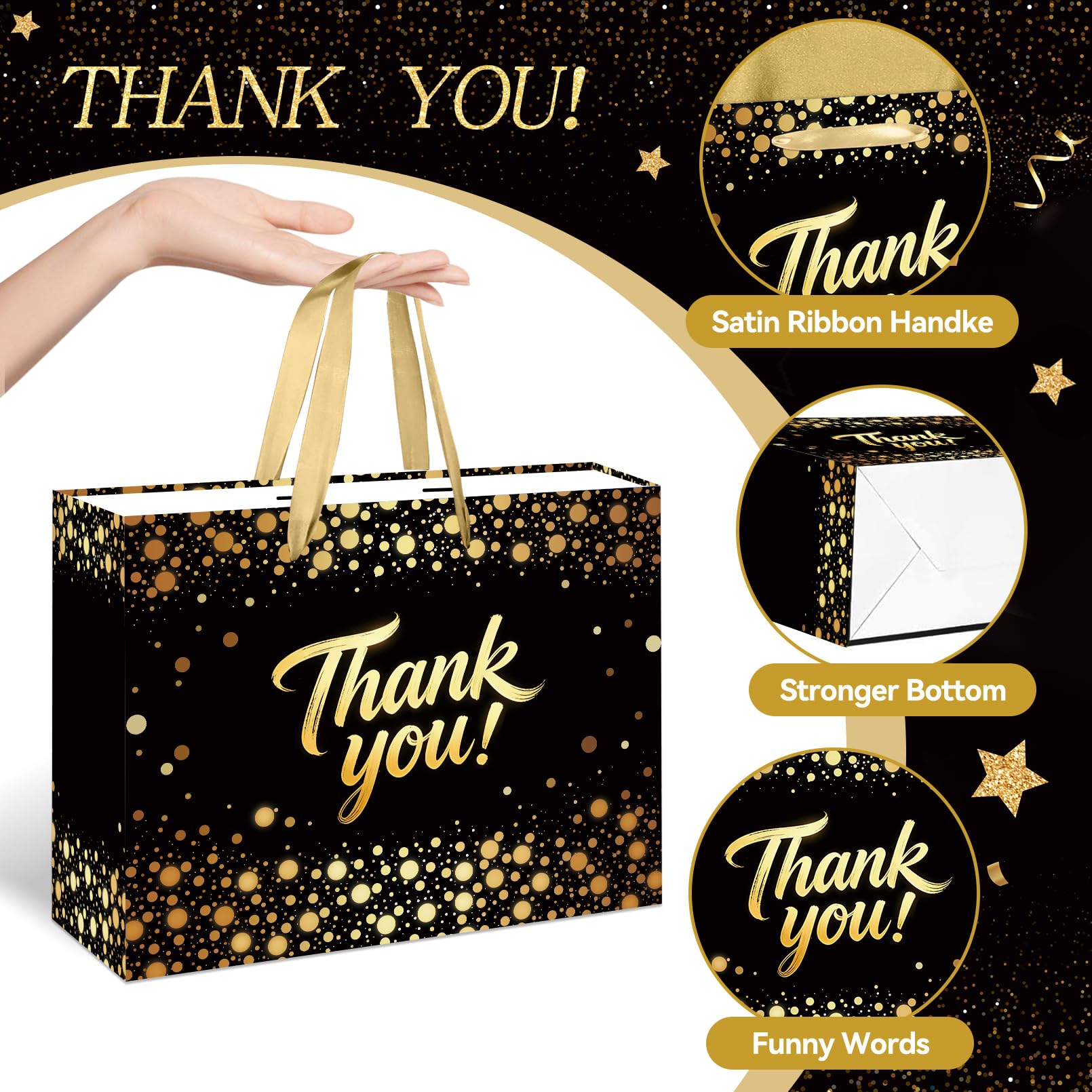 YXYASR Elegant Black Gold Thank You Gift Bag with Handles - Large Gift Bag Set Includes 3 Sheets of Gold Tissue Paper and Matching Greeting Card with Envelope - for Weddings, Graduations