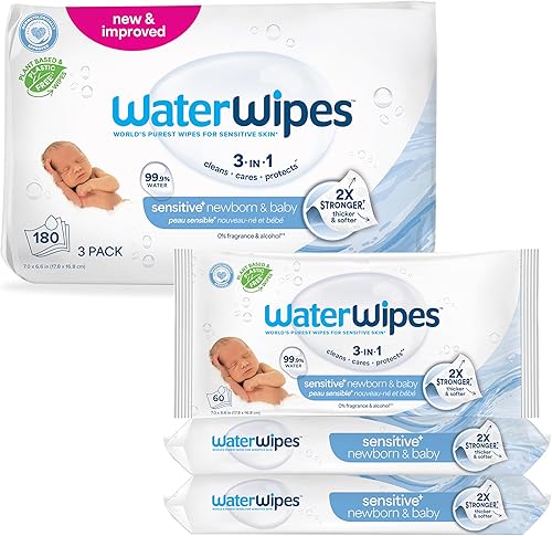 WaterWipes Toallitas originales para bebés sin plástico 999 de toallitas a base de agua sin perfume e hipoalergénicas para pieles sensibles 180