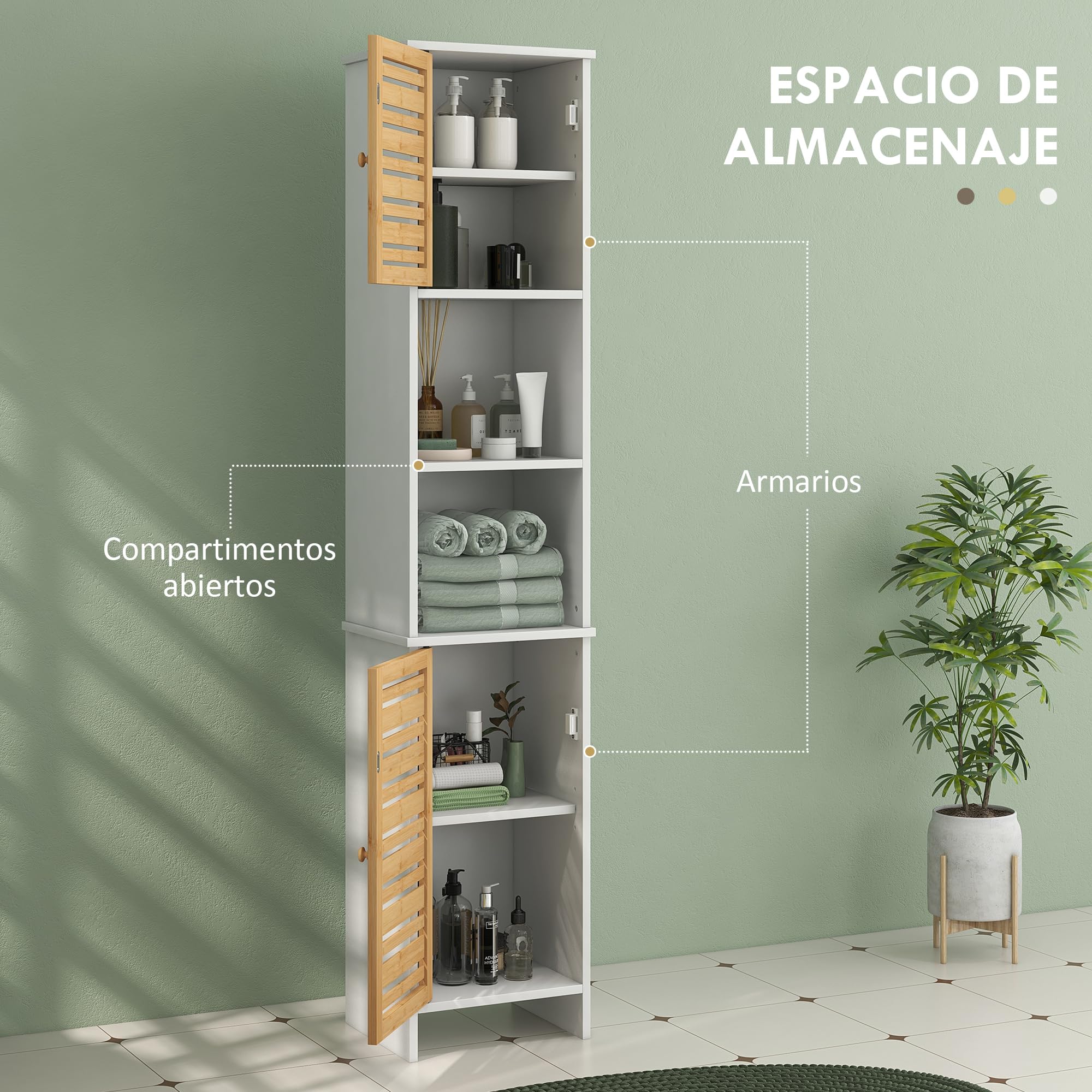 HOMCOM Columna de Baño Moderna Armario Alto de Baño con Estantes Ajustable y Puerta de Bambú Anti-vuelco 35x30x170 cm Blanco y Natural