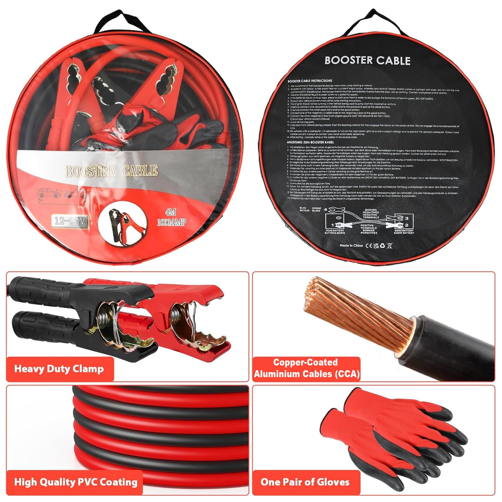 TLGREEN Kabel rozruchowy 12 V/24 V do akumulatora samochodowego | ciężki kabel rozruchowy do silnika o niskim poziomie baterii | 4 m 30 mm² 1000 A | z torbą podróżną i rękawicami ochronnymi