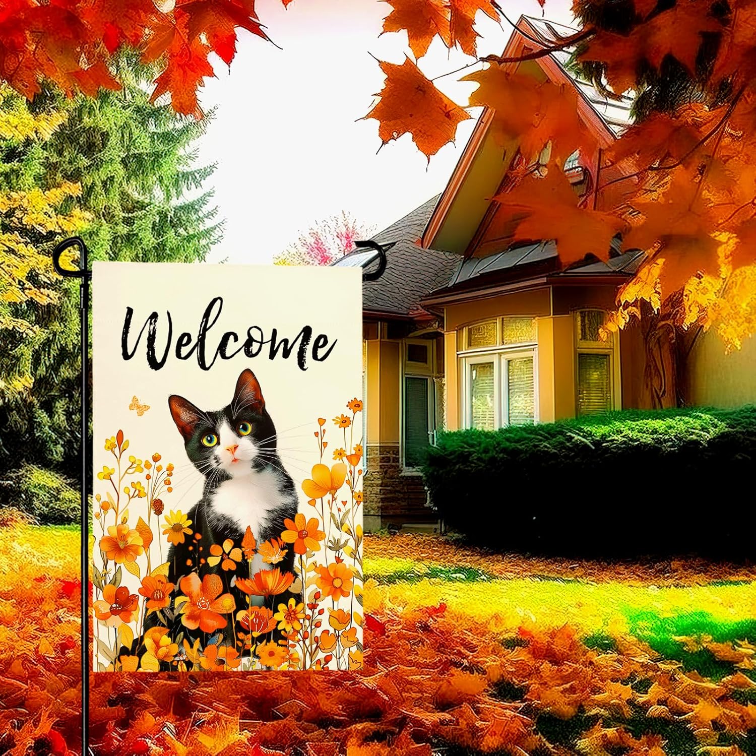 Welcome Fall Garden Flag Black Cat Vertical Double Sided Yard Flags Autumn Leaves Butterfly Cute Pet Floral House Banner Outside Outdoor Lawn Seasonal Decoration 12 x 18 Inch - Image 9
