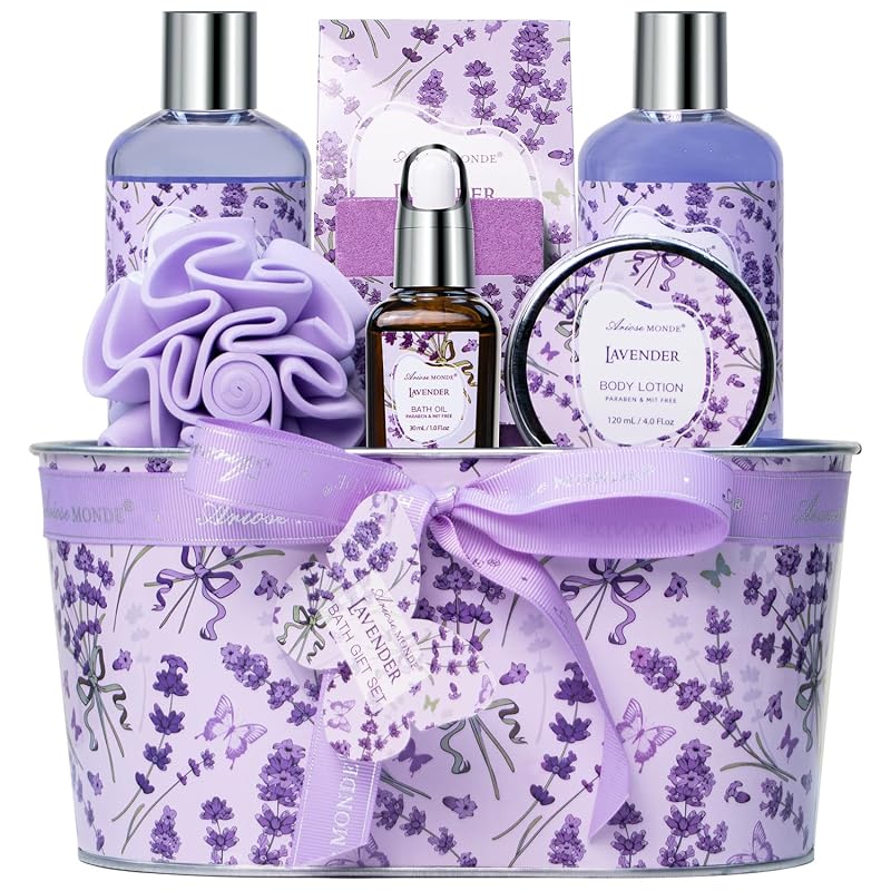 Cesta de presente com produtos de banho e corpo ArioseMonde com fragrância de lavanda