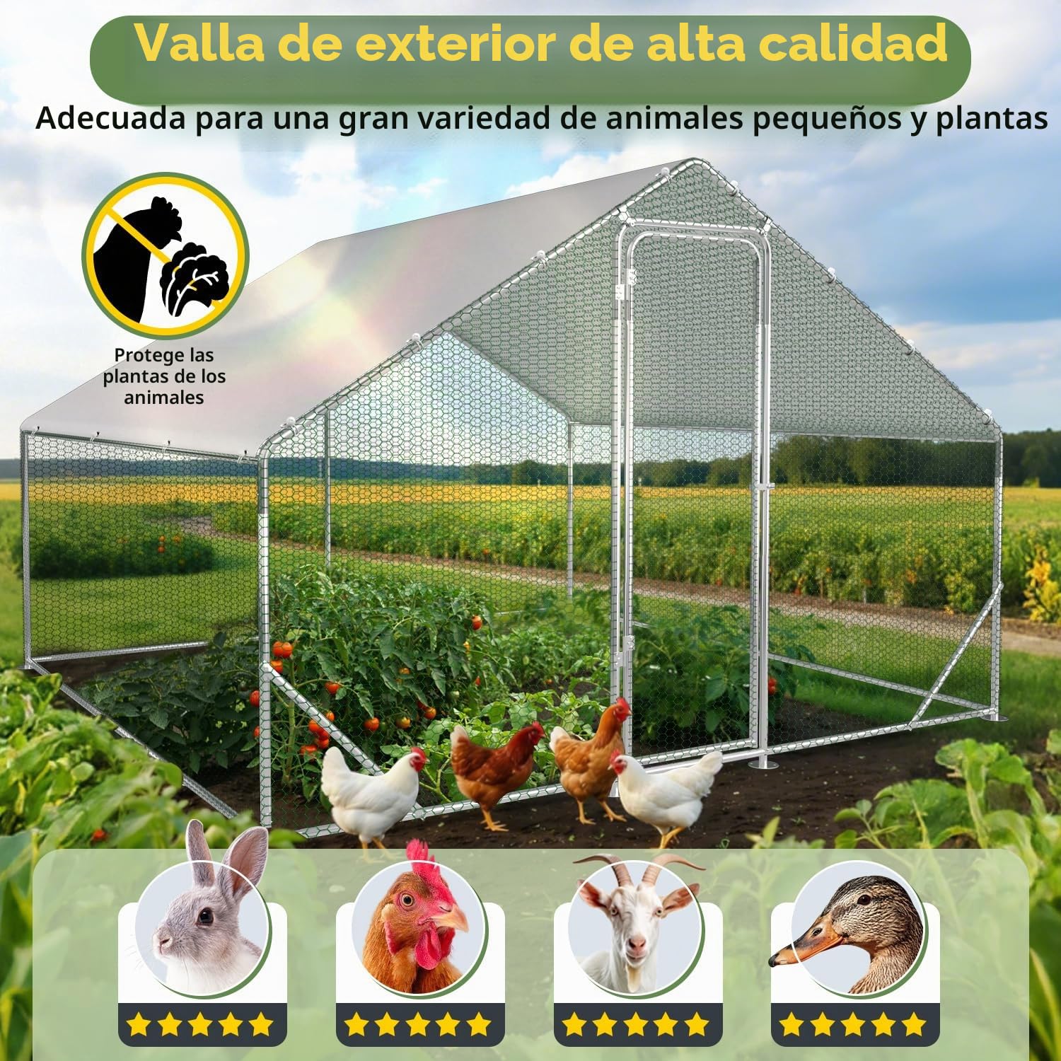 Sonnewelt Recinto para gallineros de acero galvanizado, gallinero, caseta para animales pequeños, gallinero, techo, gallinero, con toldo y puerta para mascotas, jaula de pollos, jaula de pájaros,