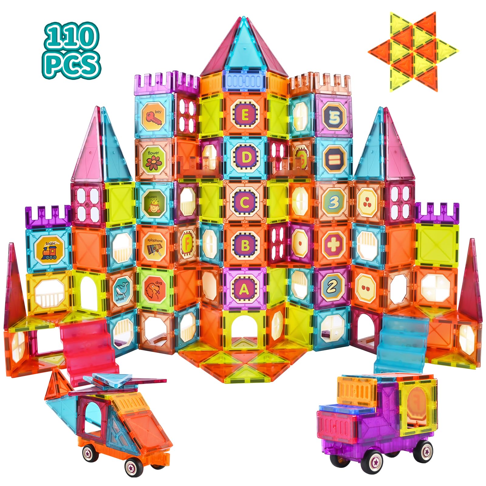 Gavgroom Costruzioni Magnetiche 110 Pezzi Colorati Costruzioni per Bambini 3 Anni Magneti Bambini con 2 Auto Tessere Magnetiche per Bambini da 3 4 5 6 7 8