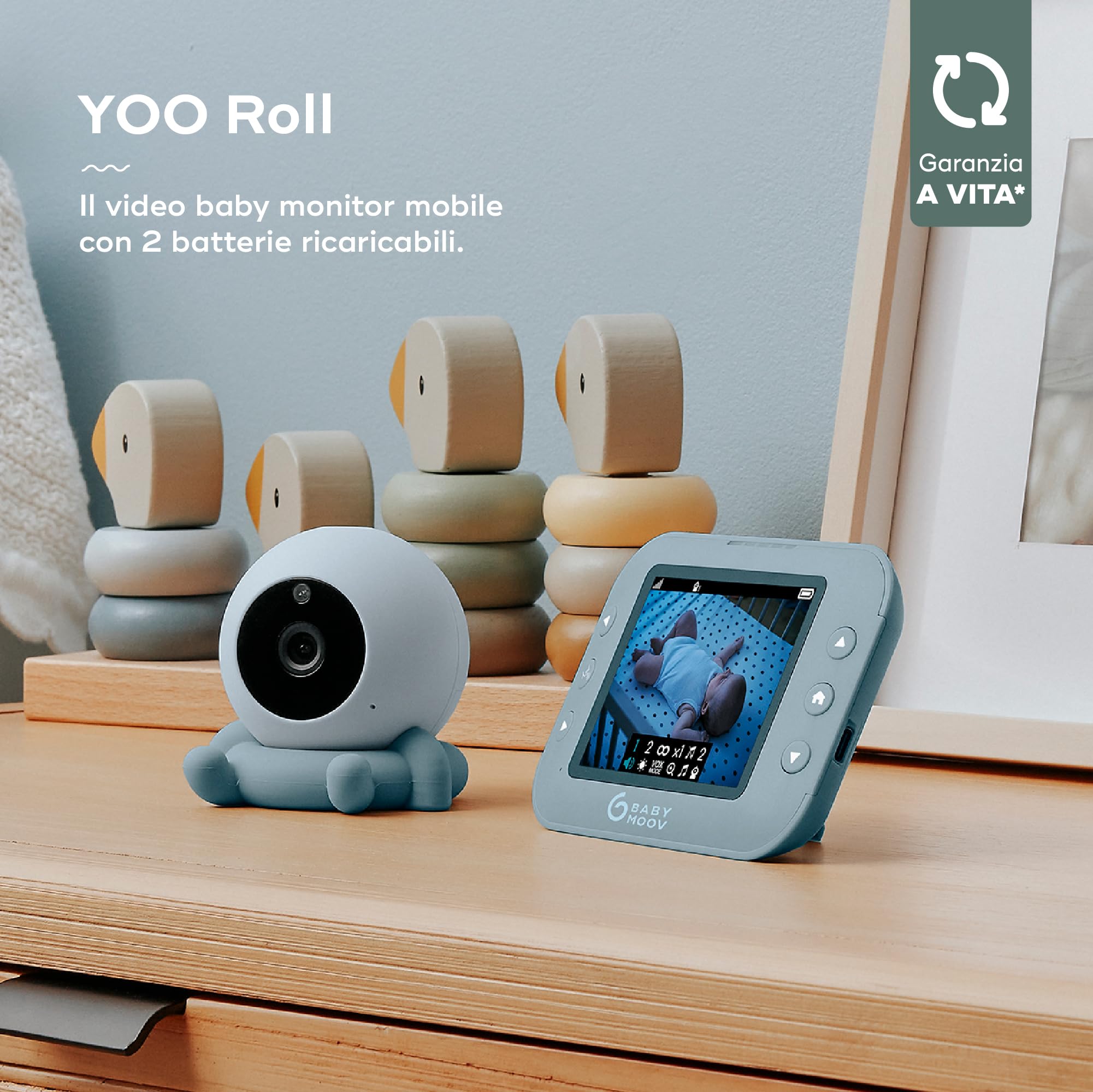 Babymoov Baby monitor con videocamera senza fili YOO Roll - Batterie ricaricabili - Autonomia 10 ore - Schermo 3,5" di qualità a infrarossi - Ninnenanne - Portata 300 m - Garanzia a vita
