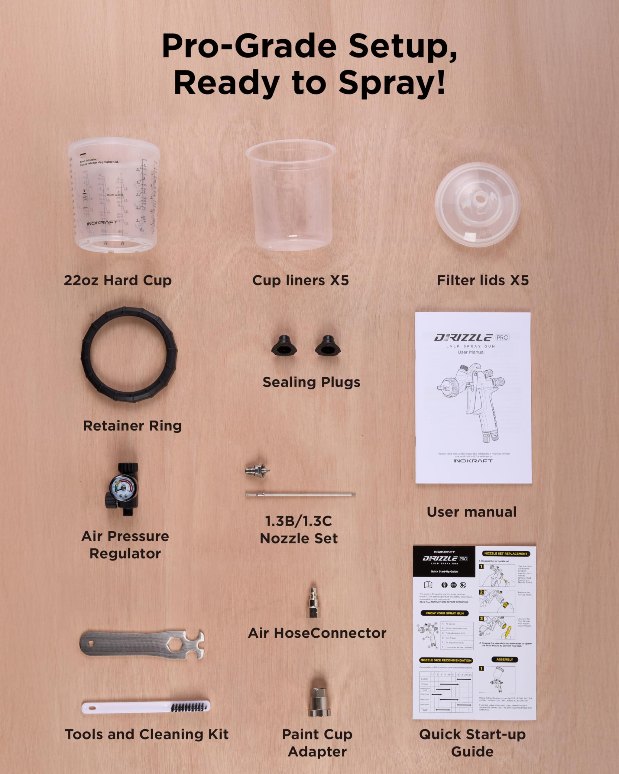 InoKraft Drizzle Pro LVLP - Pistola de pulverización precisa y Profesional, diseño de bajo Exceso de pulverización, Ultraligera de 340 g, Kit de Boquilla 1.3B/1.3C con Accesorios de pulverización de