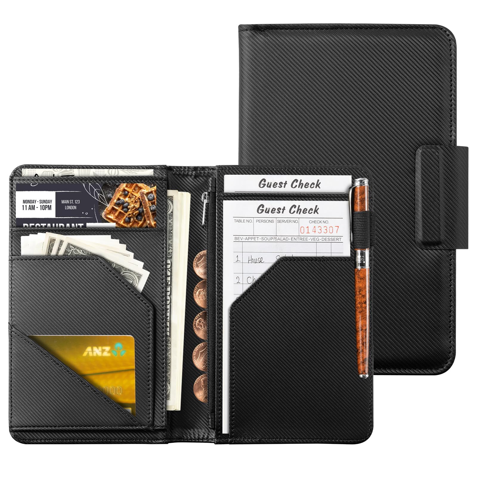 CoBak Premium Server Book - 5.12" x 7.91" Waiter Wallet Organizer in Genuine Leather, with 8 Pockets, Magnetic Pocket, Zipper Pouch, Pen Hook &