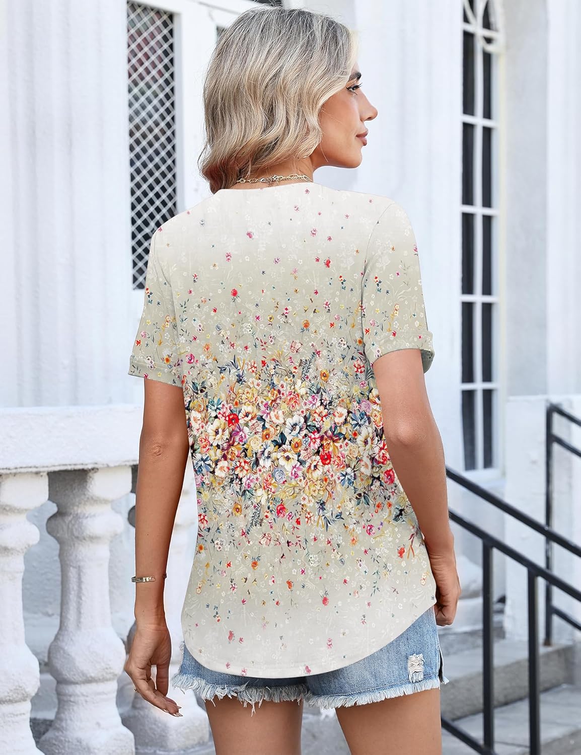 TCOT Women's Short Sleeve Tops Summer Cold Shoulder Button V Neck Shirts Dressy Casual Blouses - Image 3