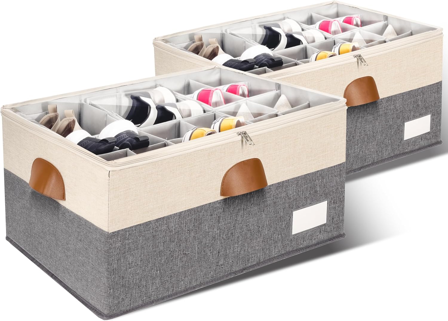 2 Pack Shoe Organizer for Closet, Adjustable Shoe Box Storage Containers, Large Foldable Shoe Bins with Clear Cover, Space Saving Shoes Holder with 4 Handles, Fits 16-32 Pairs, Beige
