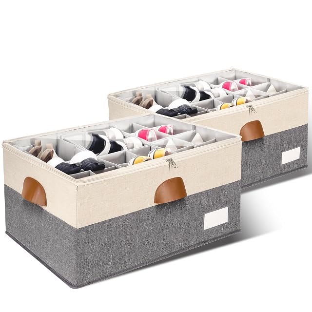 2 Pack Shoe Organizer for Closet Adjustable Shoe Box Storage Containers Large Foldable Shoe Bins with Clear Cover