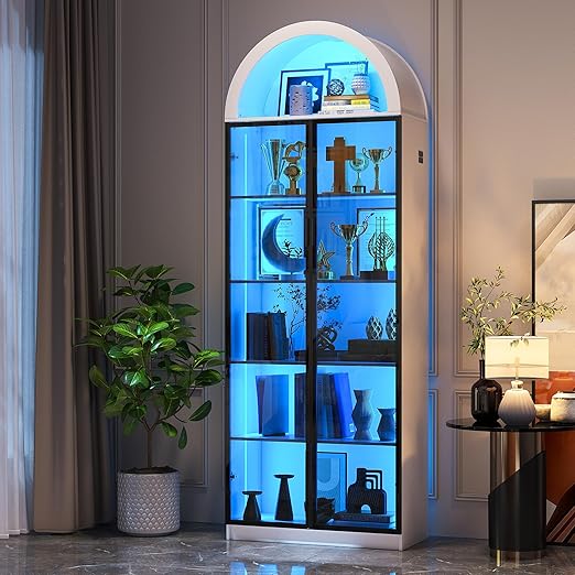 Display Cabinet with Doors and Adjustable Shelves, 76" Tall Display Case with LED Lights/Arch Storage Space, 6 Tier Bookcase for Collectibles Bedroom Living Room Office, White