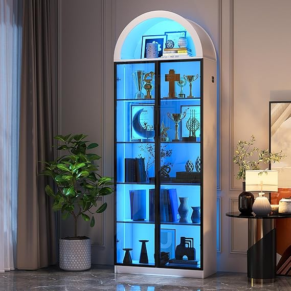 Display Cabinet with Doors and Adjustable Shelves, 76" Tall Display Case with LED Lights/Arch Storage Space, 6 Tier Bookcase for Collectibles Bedroom Living Room Office, White