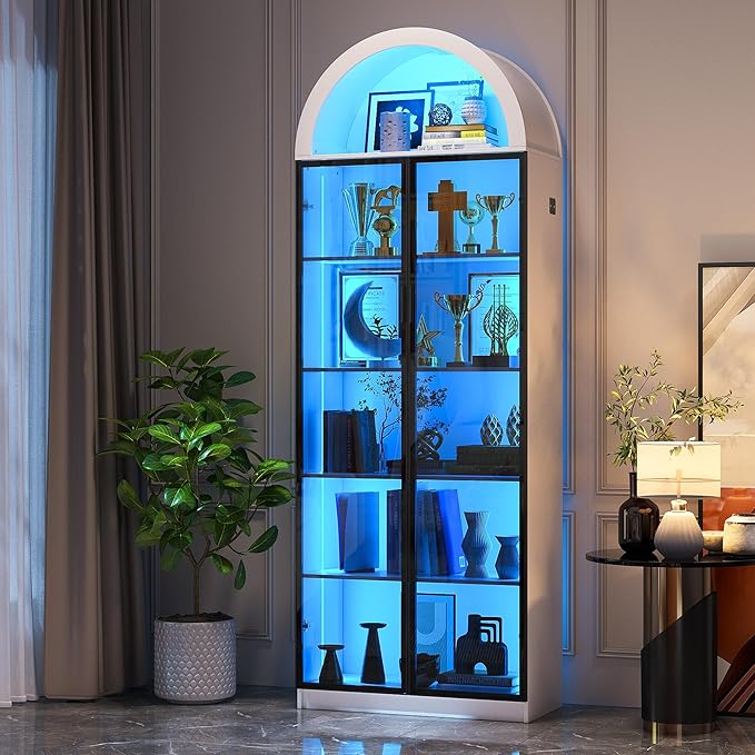 Display Cabinet with Doors and Adjustable Shelves, 76" Tall Display Case with LED Lights/Arch Storage Space, 6 Tier Bookcase for Collectibles Bedroom Living Room Office, White