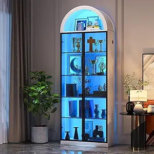 Display Cabinet with Doors and Adjustable Shelves, 76" Tall Display Case with LED Lights/Arch Storage Space, 6 Tier Bookcase for Collectibles Bedroom Living Room Office, White