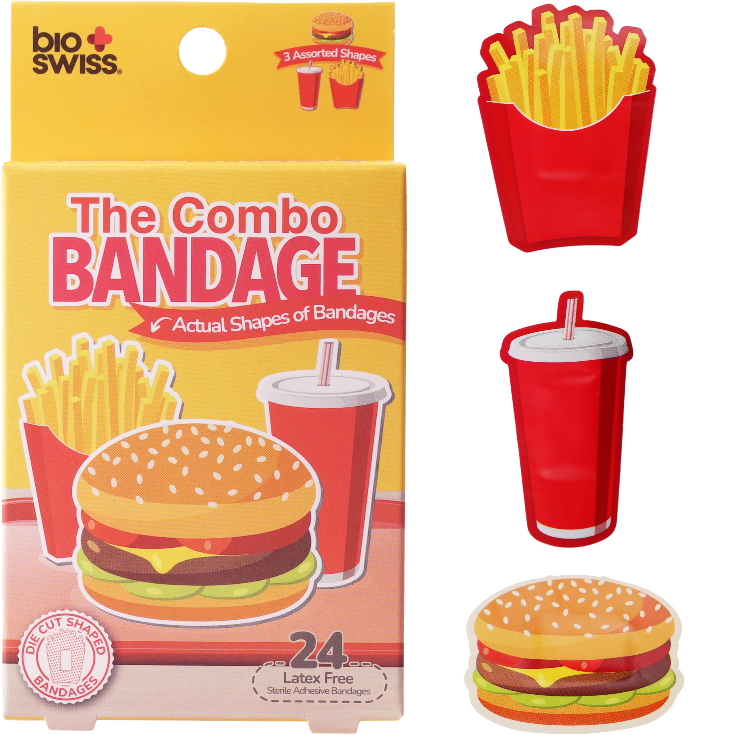 BioSwiss Bandages, Combo Meal Shaped Self Adhesive Bandage Set, Latex Free, Sterile Wound Care, 24 Count