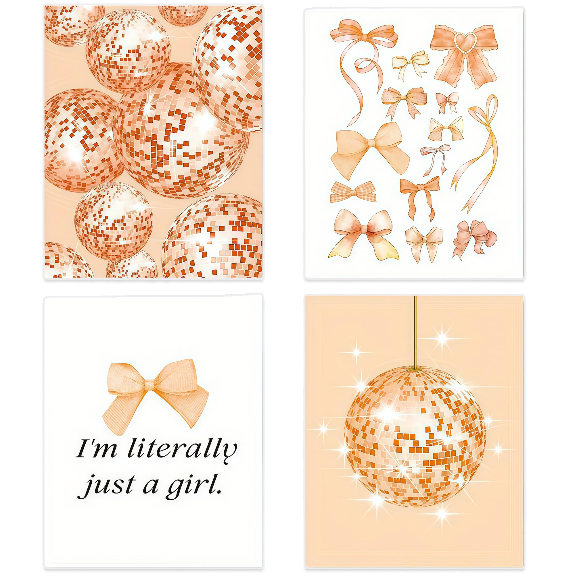 Dwuent Girls Orange Aesthetic Room Decor,Preppy Bedroom Decor,Cute Stuff Retro Disco Ball & Bow Canvas Print Set, Unframed Wall Art For Bedroom,Living Room,Dorm (4 Posters, 20X15cm)
