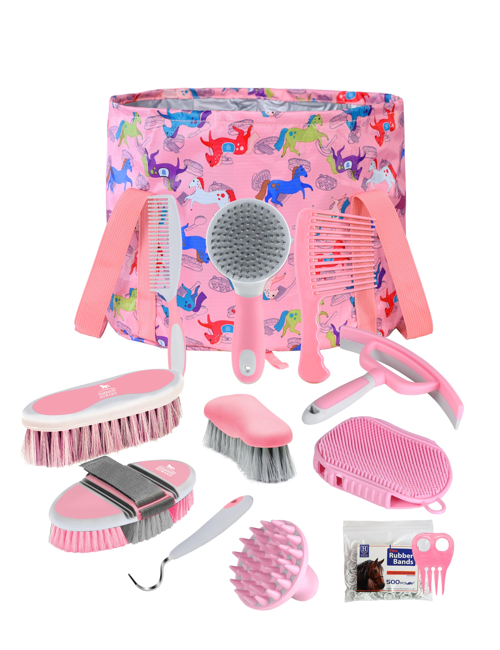 Harrison Howard Complete Horse Grooming Set, 11-Piece Advanced Daily Grooming Tools with Extra Brushes for Full Horse Care Pink Brushstroke Ponies
