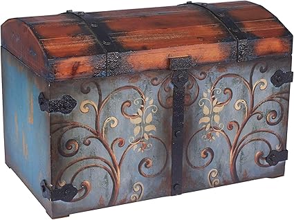 Household Essentials Vintage Wood Storage Trunk, Large, Blue Body/Brown Lid/Floral Design