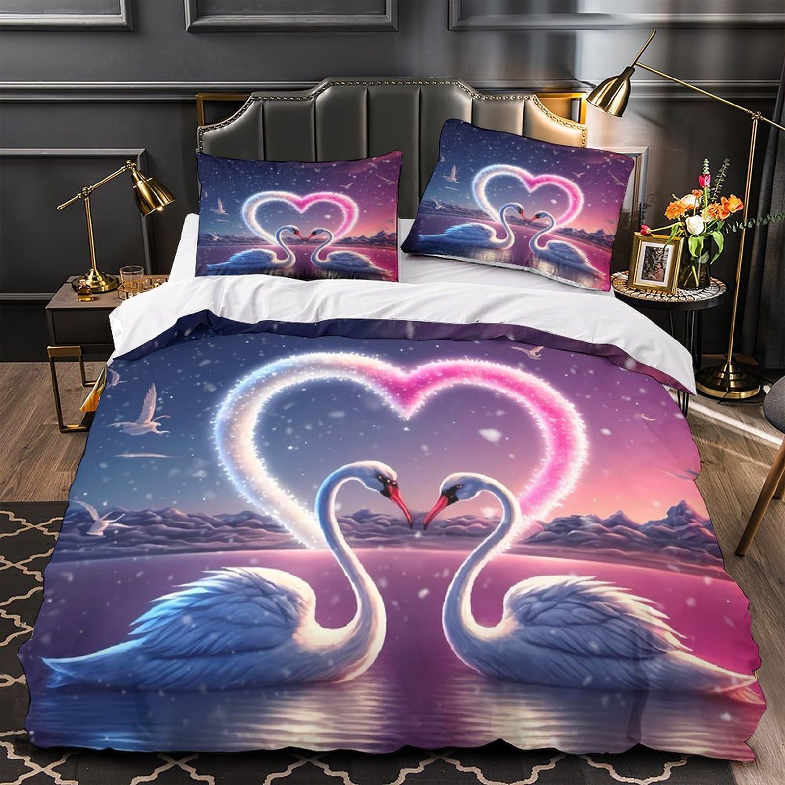 MMDASBVPE Romantic Swans Quilt Cover 3D Print Anti-allergic 3 Pieces Bed Set Hidden Zipper Comforter Cover Ultra Soft Breathable for Adults Kids Teens Women Youth Teenagers King（220x240cm）