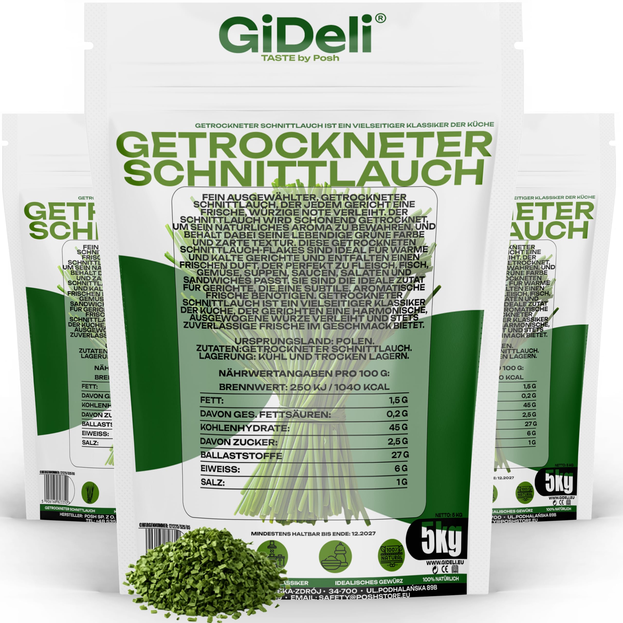 GiDeli Getrockneter Schnittlauch 3 x 5kg - Küchenkräuter getrocknet - Perfekt für Kartoffelgerichte Suppen Salate Soßen