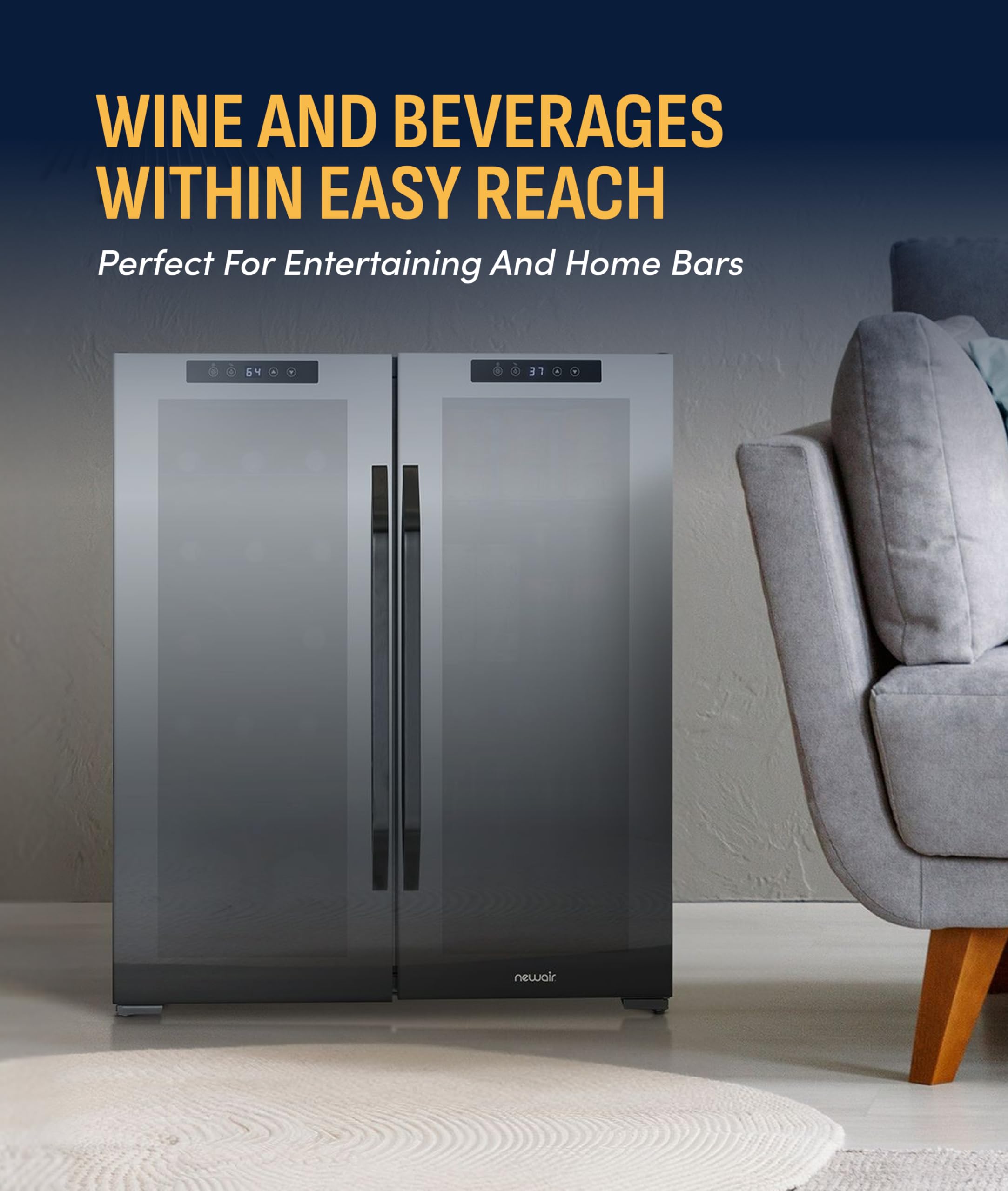 NewAir 27" Dual Zone Beverage Refrigerator & Wine Cooler For 18 Bottles & 59 Cans | Freestanding Or Built-In Under Counter Mini Fridge For Beer, Wine And Soda | Black on Fridge.com - View 4