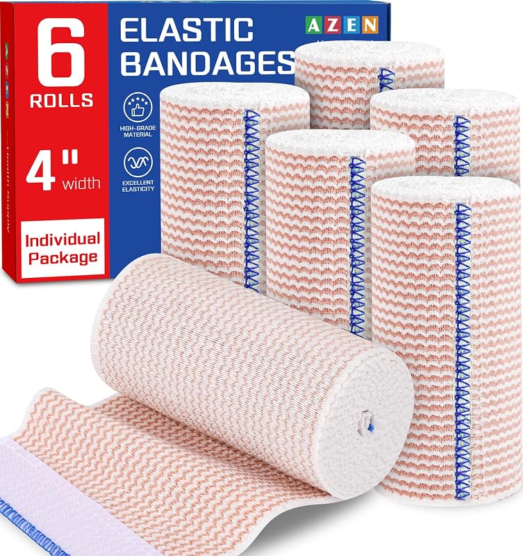 AZEN Premium Paquete de 6 vendajes elásticos de 4 pulgadas, vendaje de compresión para piernas, envolturas de linfedema para piernas, tobillo, rodilla, barriga, cuerpo, sin látex
