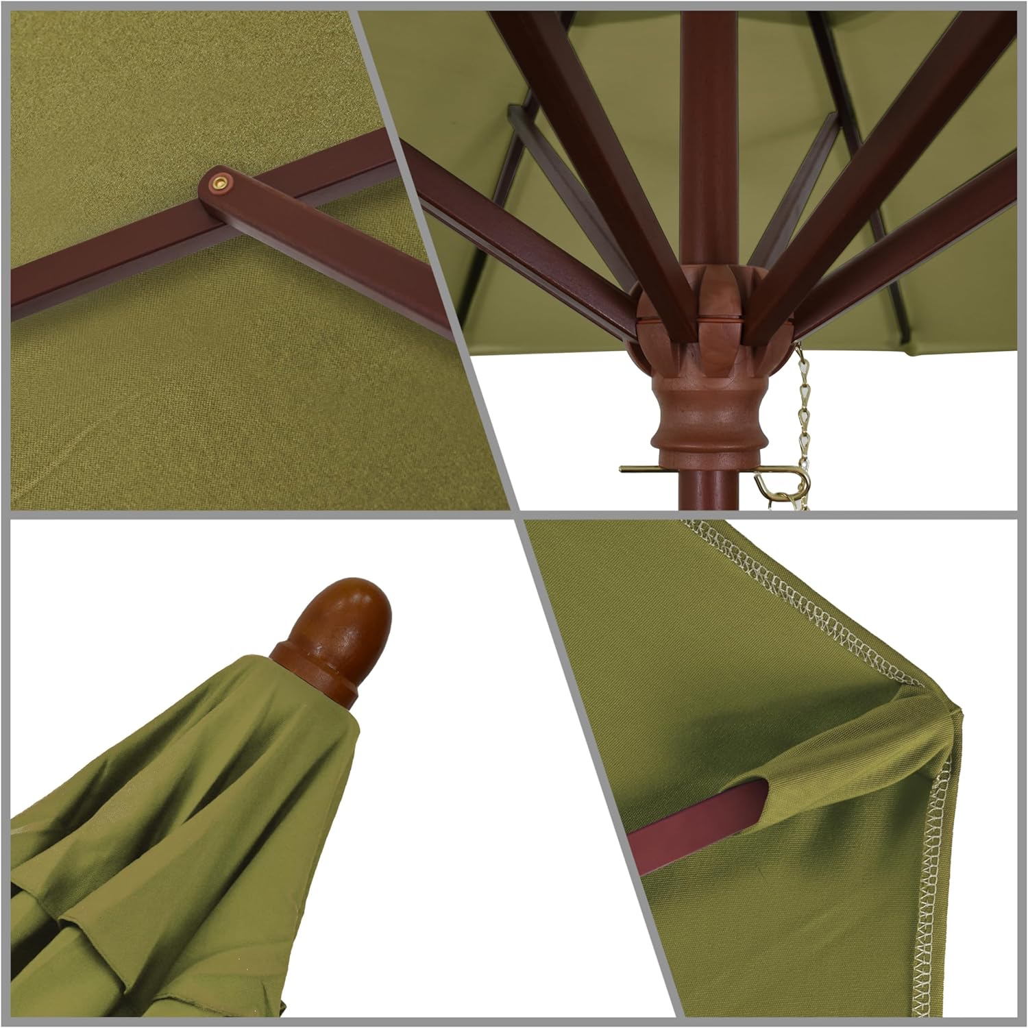 California Umbrella 9' Rd. Wooden Market Umbrella, Push Open Pin Stop, Sunbrella Air Blue