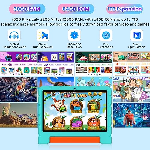 Vista 3 de Tableta infantil 2025 con Android 15 de 10 pulgadas para niños Octa-Core, 30GB+64GB (TF 1TB), tableta para niños pequeños con funda a prueba