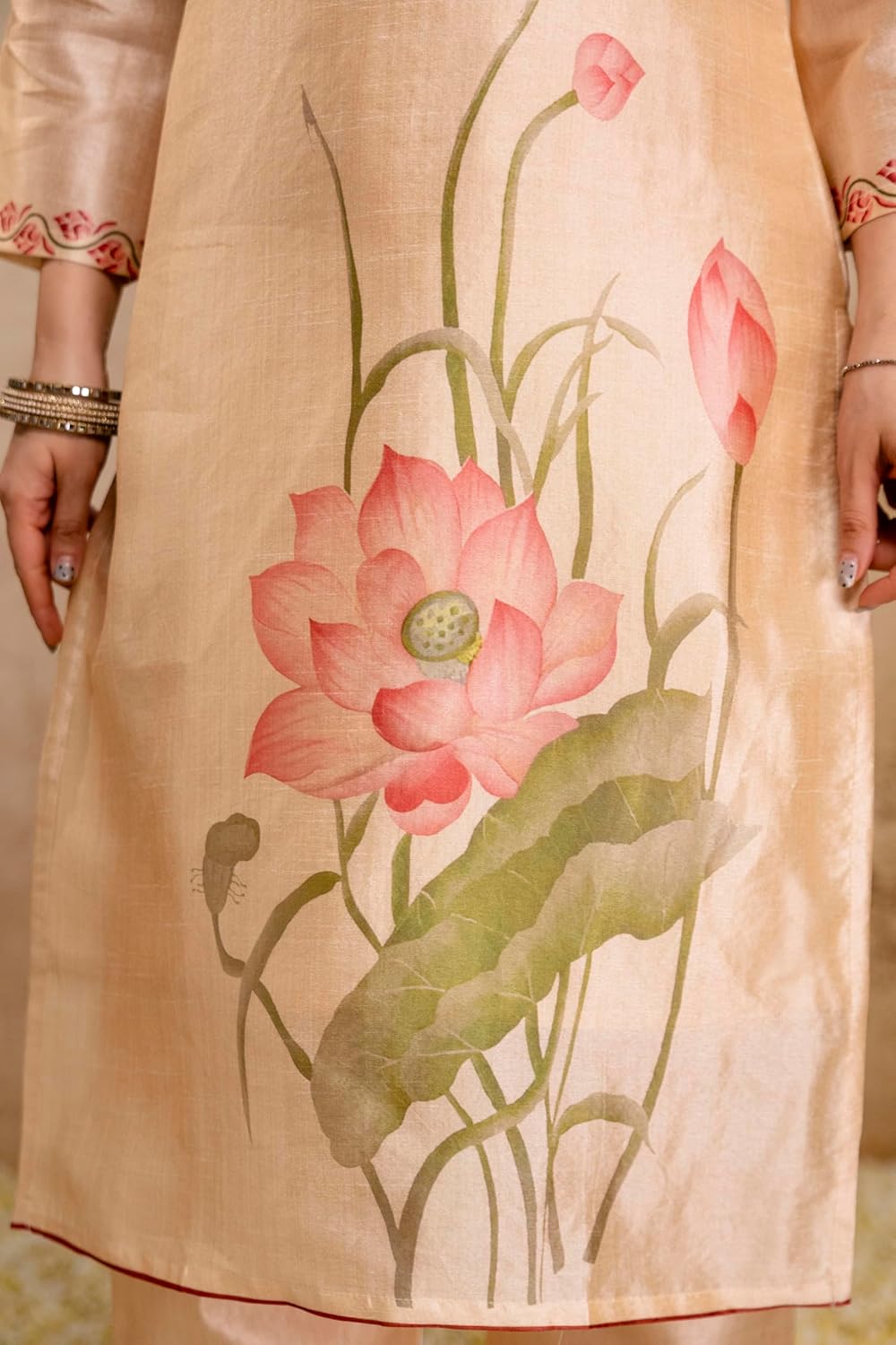 Women’s Cream Assam Silk Kurta Pant Set with Dupatta Digital Printed Straight Kurti Set