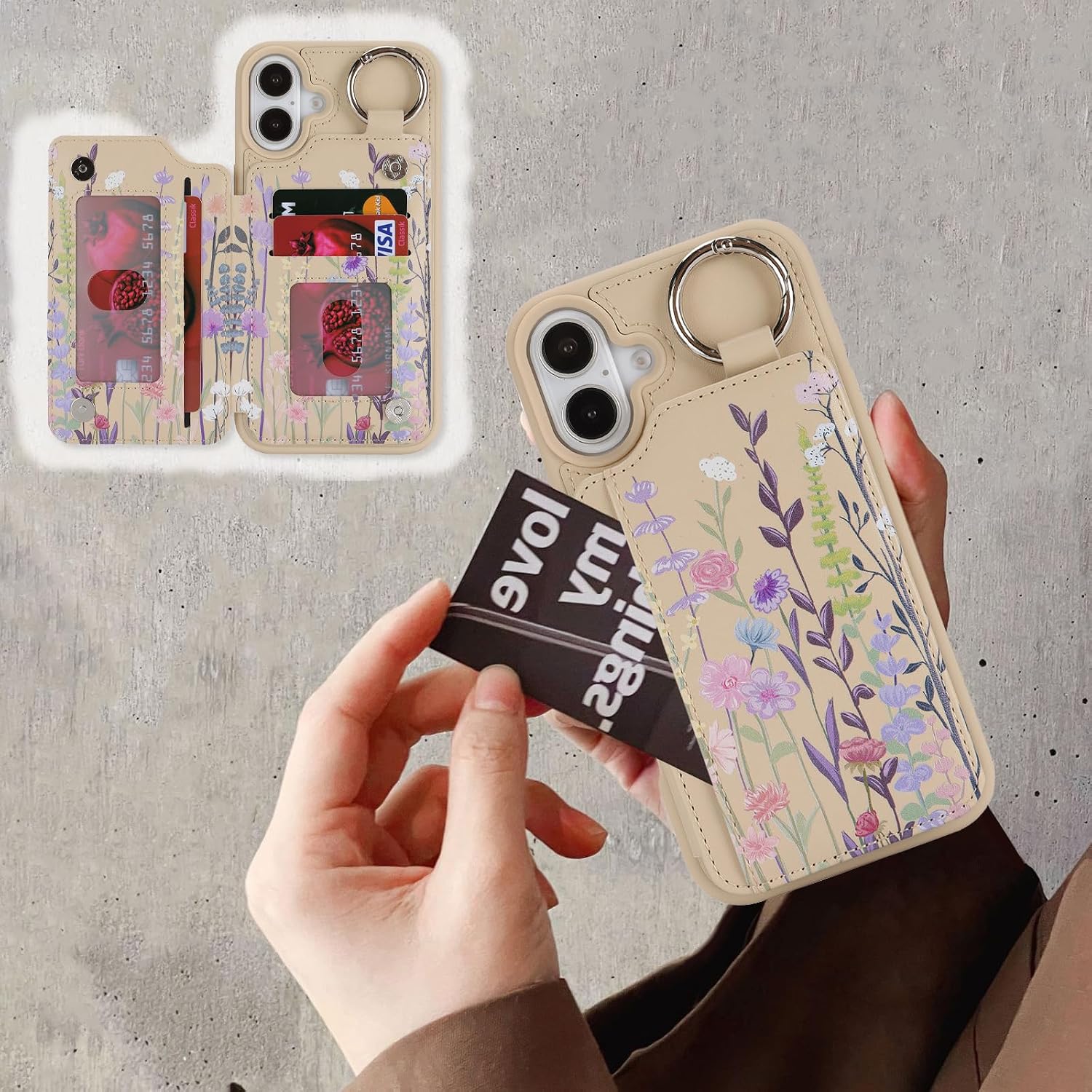 Ｈａｖａｙａ for iPhone 16 Plus Case Wallet with Card Holder Keychain Ring Stand PU Leather Phone case Floral Flower with Credit Card Slots Women Men-Beige Flower 2