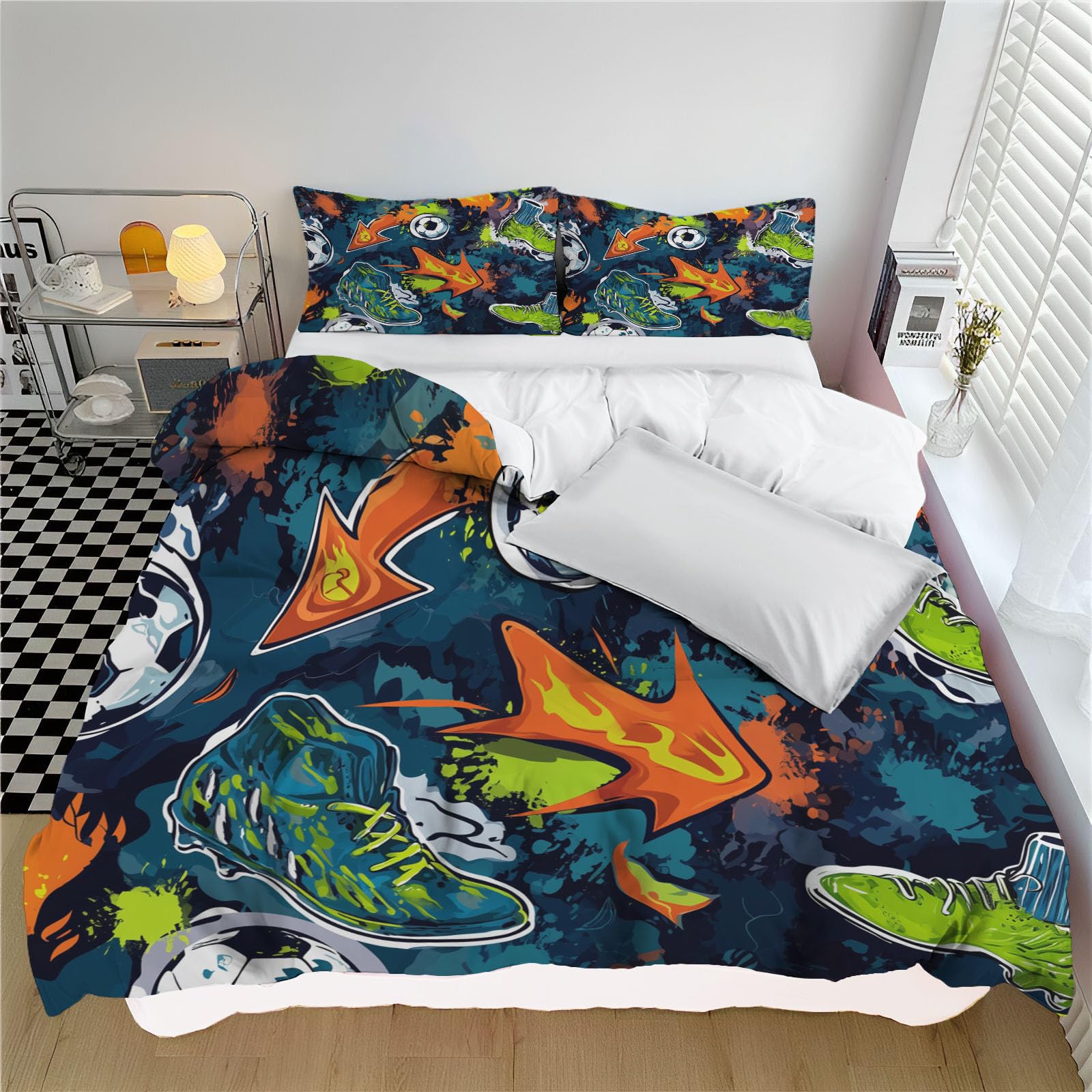Housse de Couette 140x200cm Style Graffiti Football Bleu-Vert en Microfibre Imprimée
