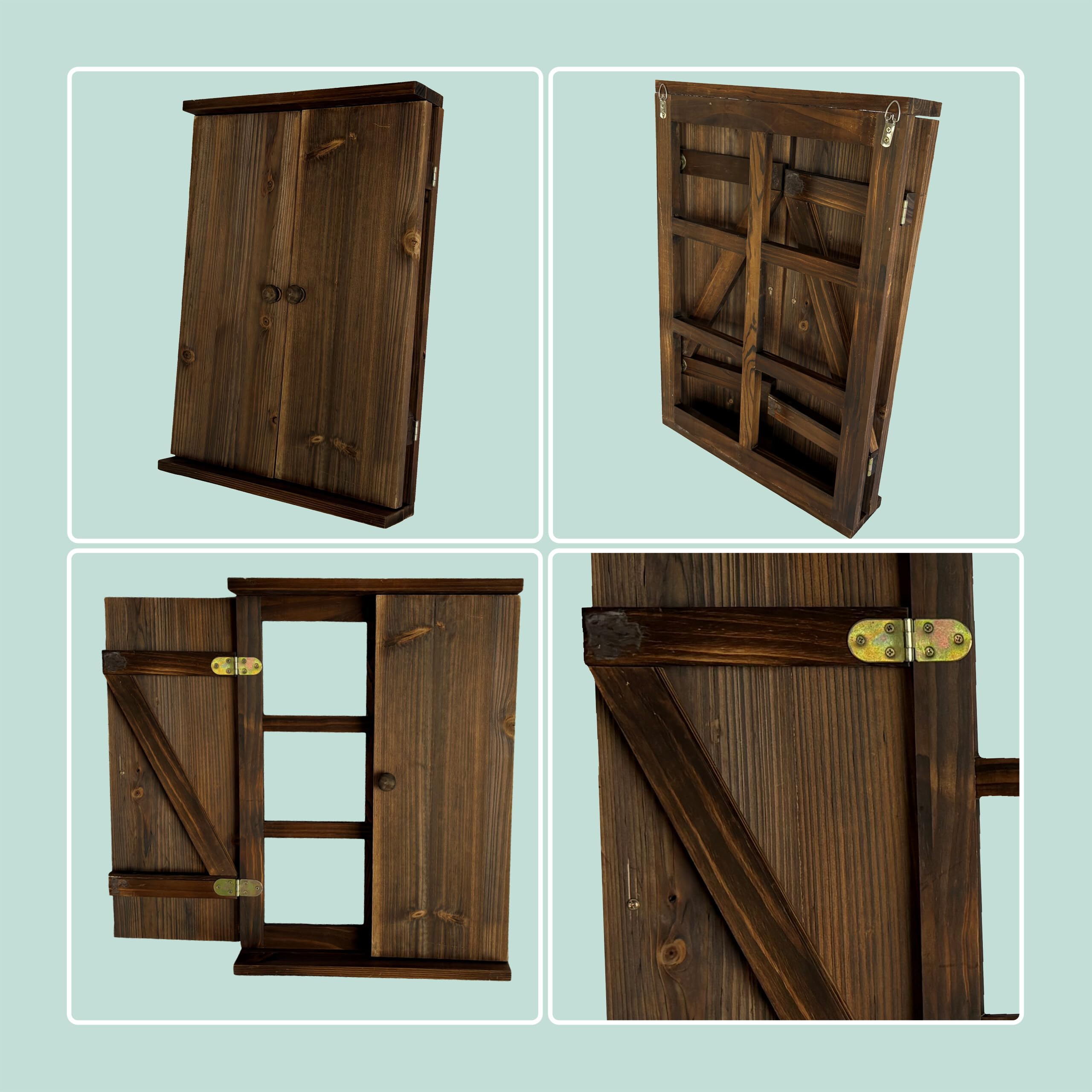 Relaxdays Ventana Decorativa rústica con contraventanas, Madera carbonizada, repisa, 63 x 45 cm, marrón