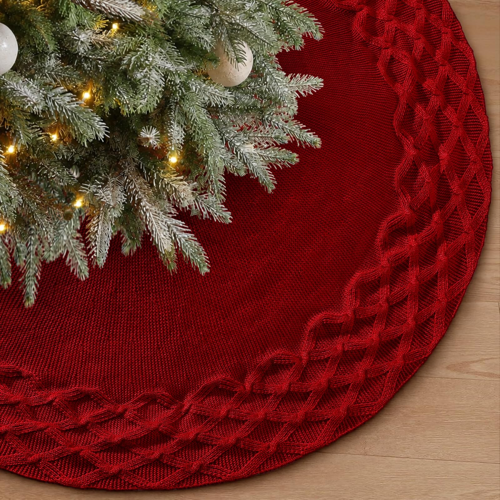 Gonne Rotonda per Alberi di Natale 120 cm Grande Tappeto per Albero di Natale Lavorata a Maglia Motivo a Quadri Copri Base Christmas tree per Casa Vacanze Feste Decorazione, Rosso