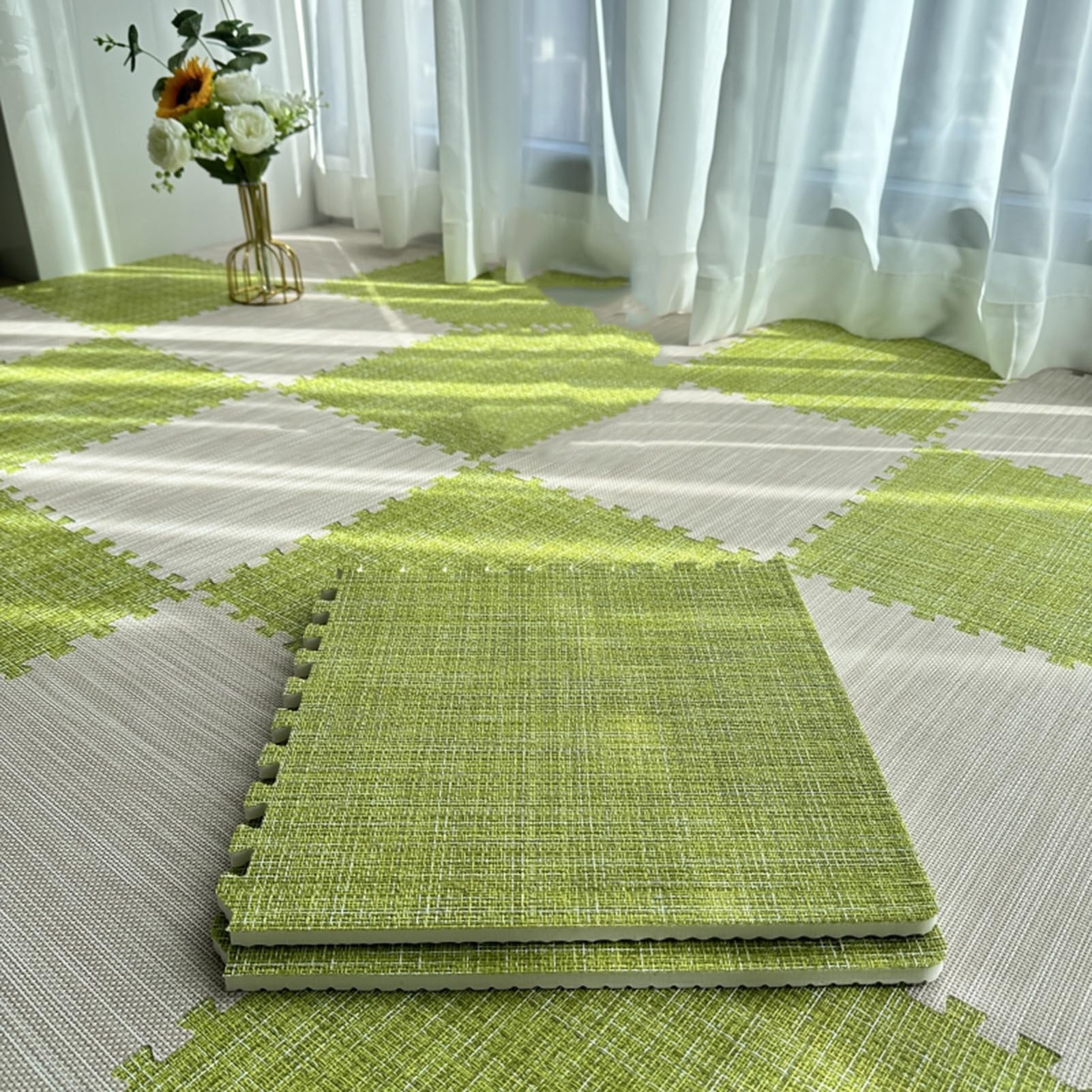Tapis de sol en mousse puzzle 20 dalles multicolores abricot vert pour éveil ludique bébé