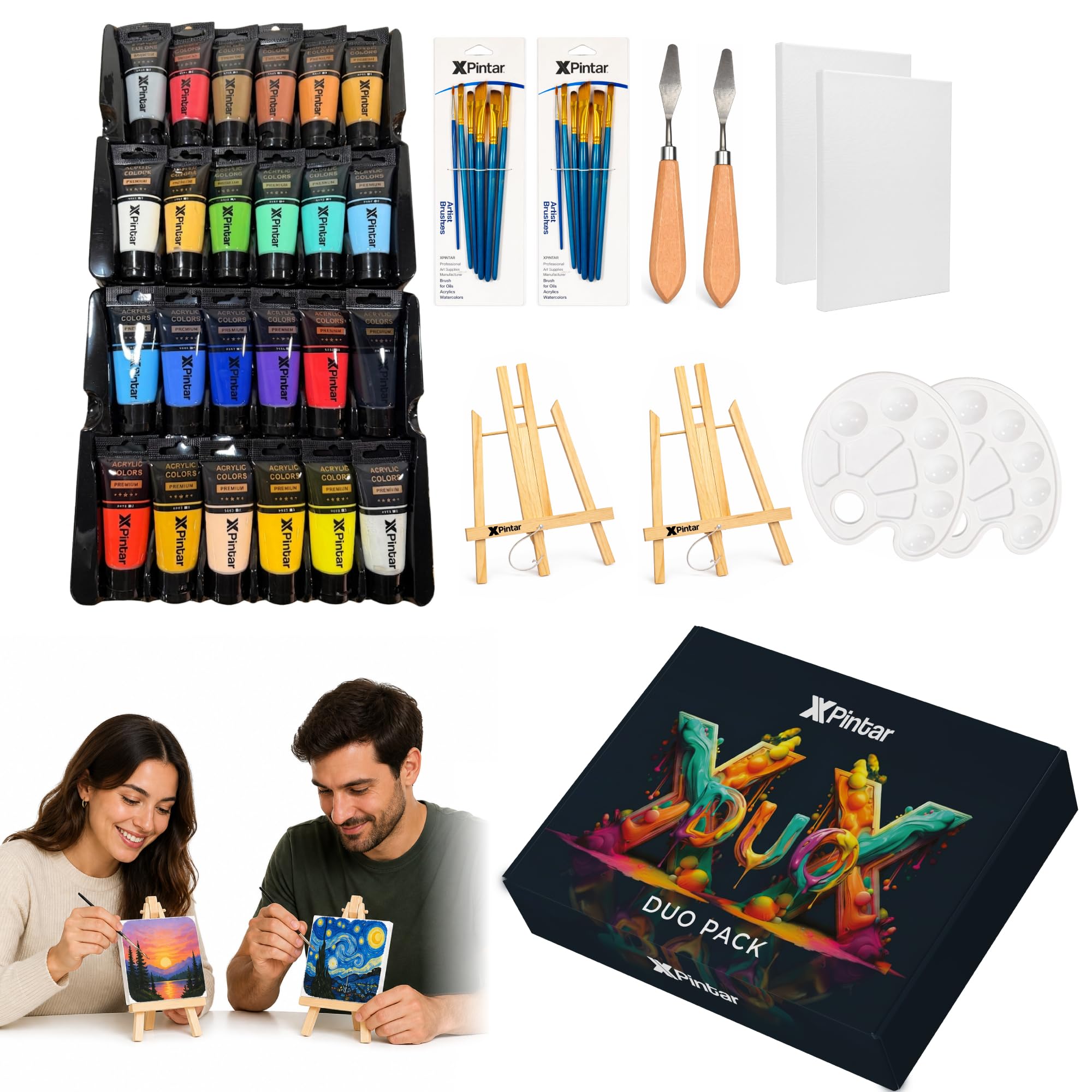 Kit Pintura Acrílica con 2 Caballetes 2 Lienzos 24 Colores de 35 ml 12 Pinceles 2 Espátulas y 2 Paletas para Parejas Adultos Regalo Creativo Manualidades Arte Decoración y Ocio en Casa y Eventos DIY