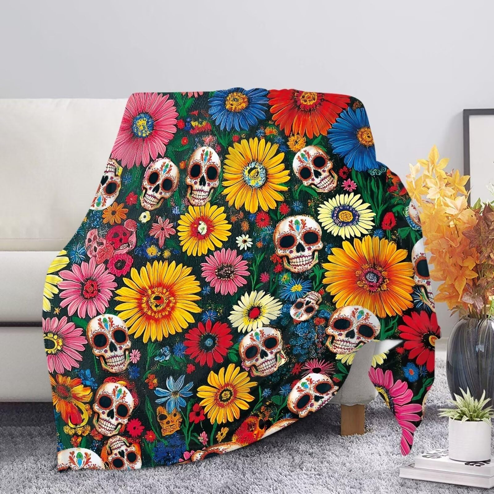 Allcute Flowers Skull Throw Blanket for Couch Sofa Throws Fluffy Soft Winter Fall Blanket Home Decor Living Room Throw Blankets