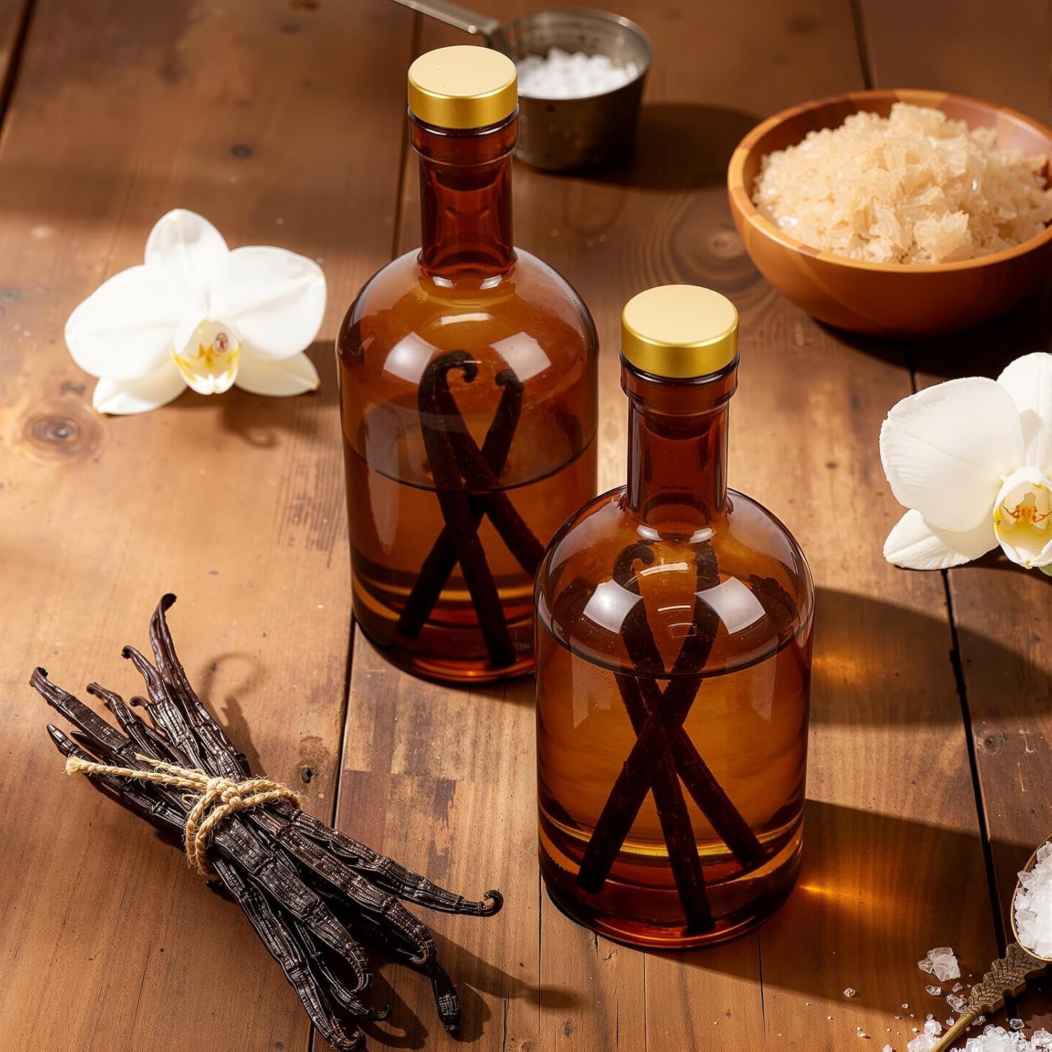 12 Pack 12oz Amber Glass Liquor Bottles with T-Top Cork Stoppers, 375ml Refillable Small Bottles for Vanilla Extract, Oils & Homemade Spirits, Includes Funnels & Labels