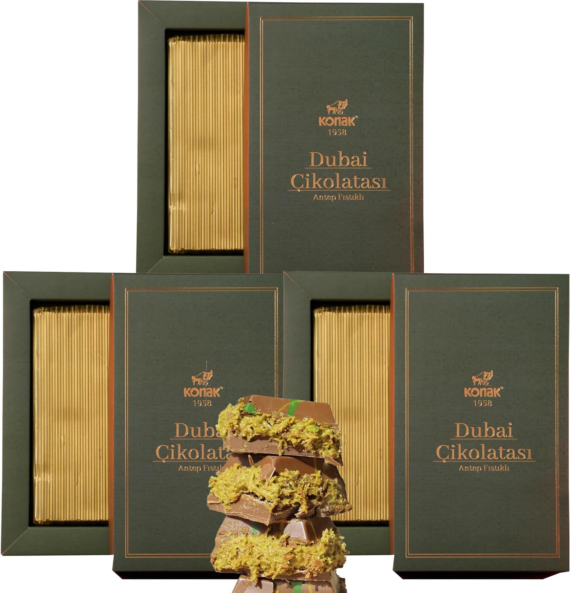 Dubai Chocolate 7oz Kunafa Pistachio Rich Milk Chocolate 200 Gram, Individually Wrapped Fresh, Premium Pistachio - Gift box for birthday - congratulations - Christmas Amazing Pack (Pack of 3)