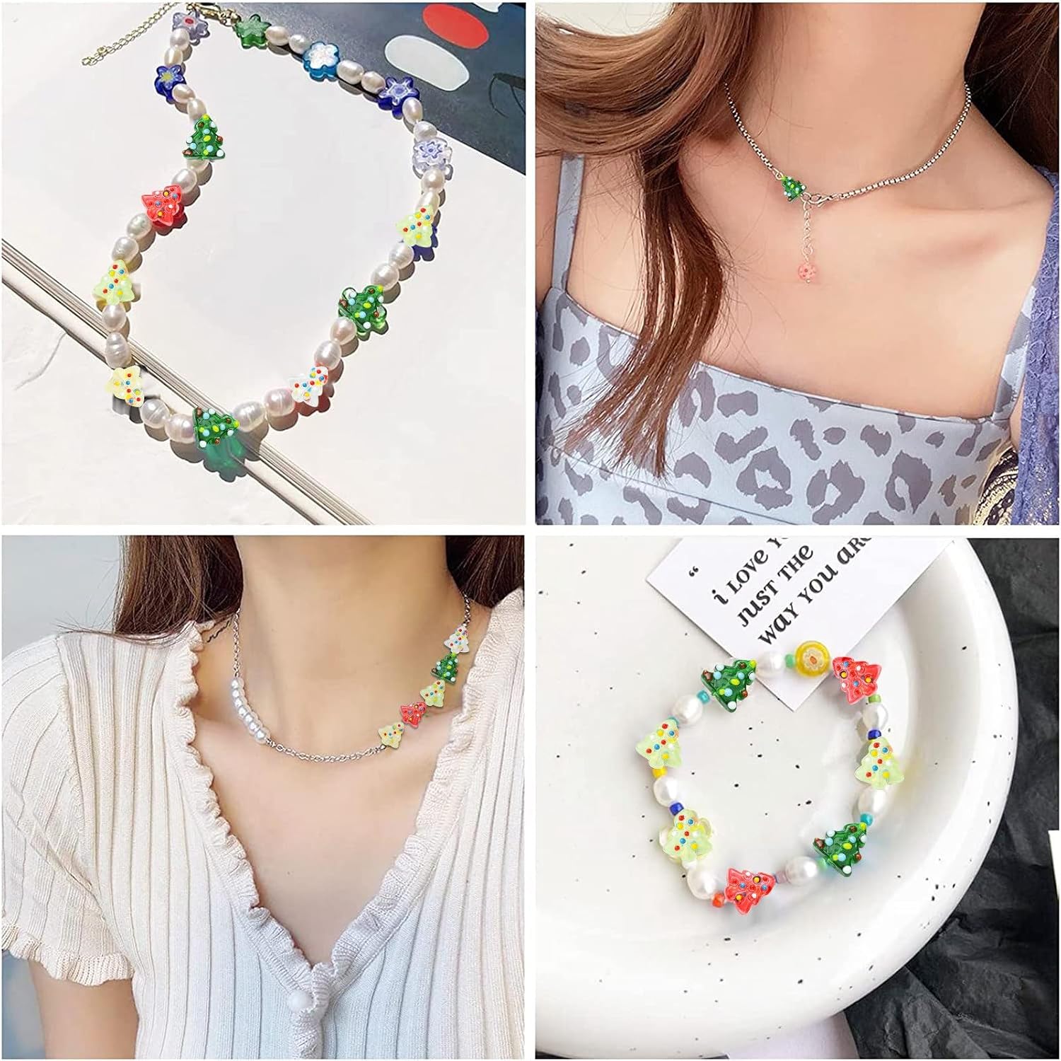 LiQunSweet 20 Pcs 5 Colors Handmade Lampwork Glass Enamel Cartoon Xmas Tree Bead Christmas Pine Tree Glass Beads for DIY Jewelry Making Party Decoration