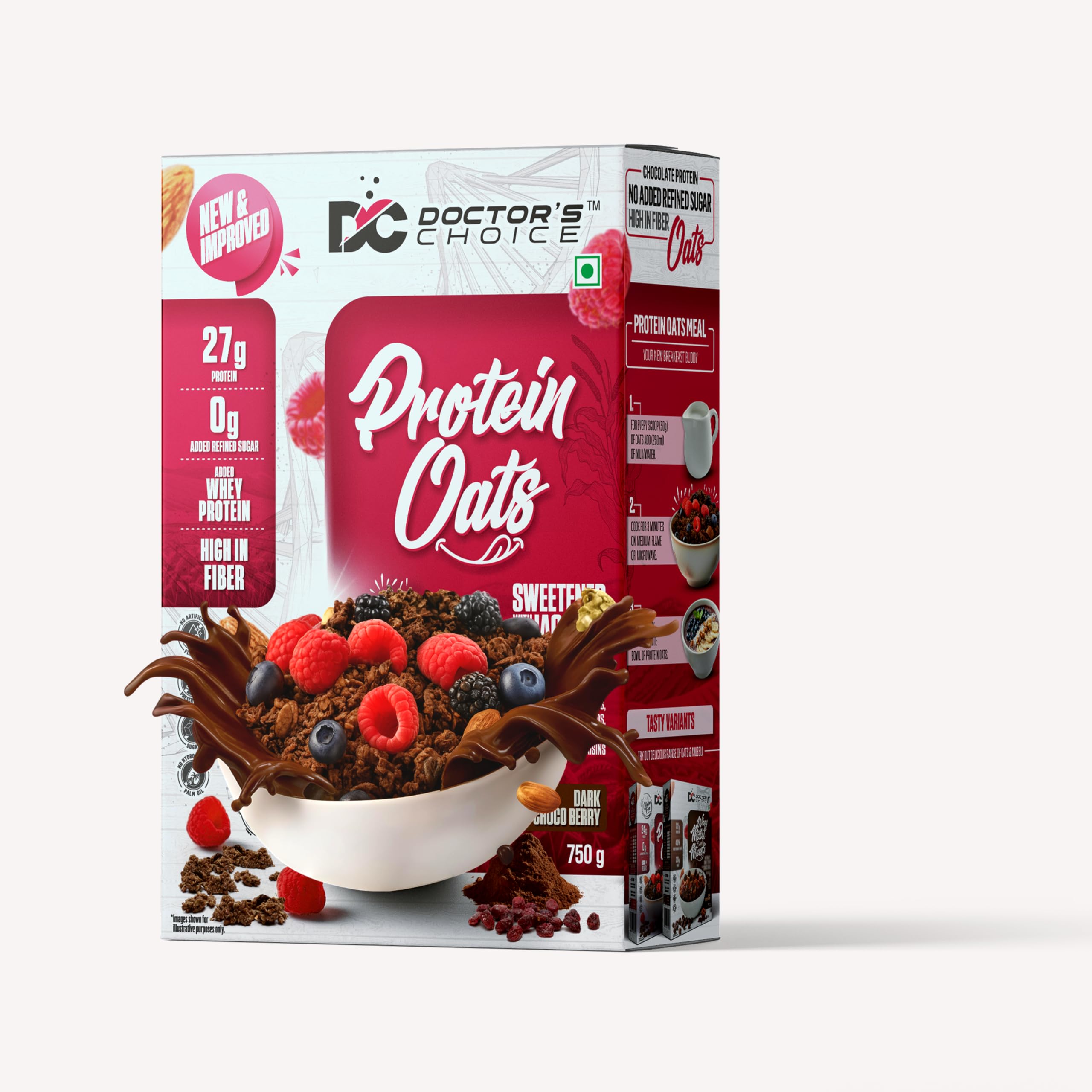 Oats, High Protein Oats, 27G Pure Protein Breakfast Cereals, Rich in Fiber, No Additives and No Refine Sugar. (750g, Dark Choco Berry)