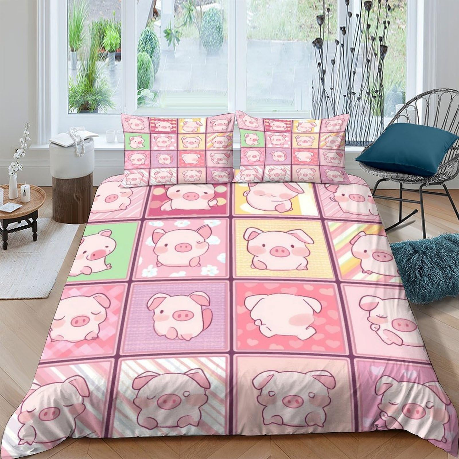 GPLZQXKJNH 3D Printed Cartoon Pink Pig Duvet Cover Microfiber Soft Breathable Patchwork Bedding Set with 2 Pillowcases for Bedroom Decor Single（135x200cm）