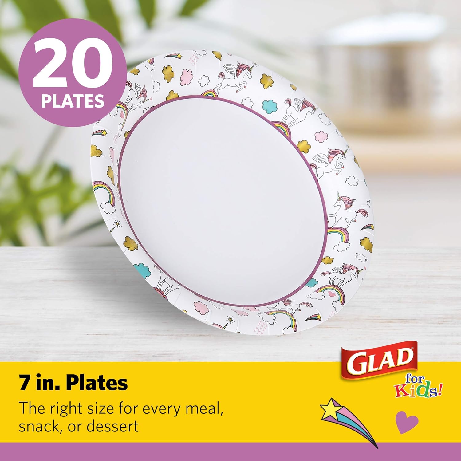 Glad for Kids Paper Plates, Small Round Paper Plates with Cute Designs for Kids Heavy Duty Disposable Soak Proof Microwavable Paper Plates for All Occasions, Unicorns, 7 Inch, 20 Count : Health & Household