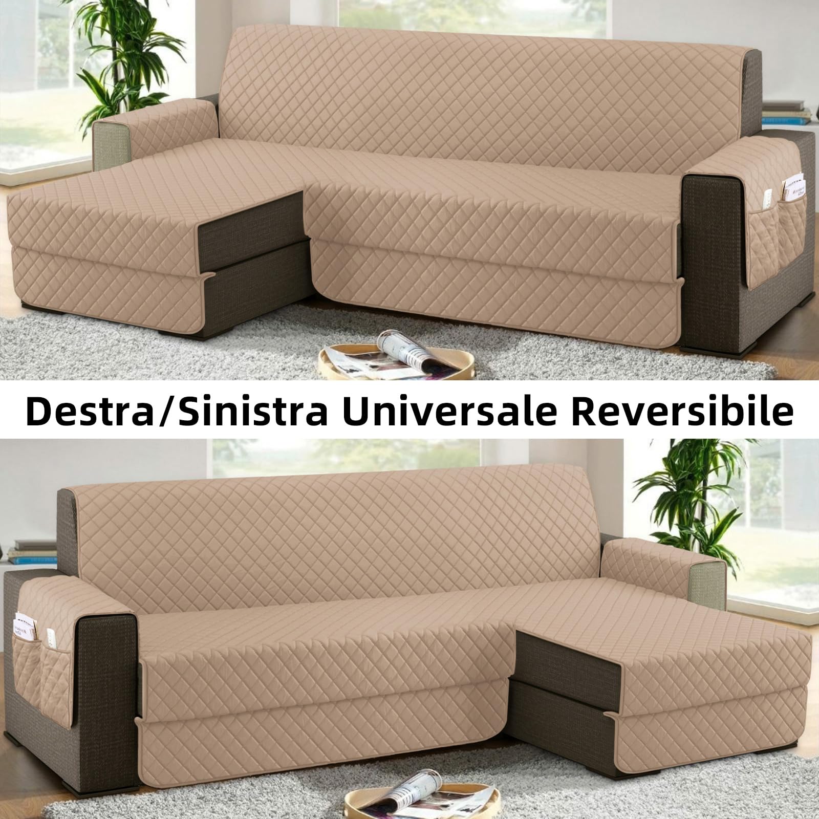 sevi's Copridivano 3 Posti con Penisola (L 250 CM), Copridivano Penisola Destra/Sinistra Universale Reversibile, Copridivano Impermeabile Antigraffio Indispensabile per Animali Domestici - Khaki