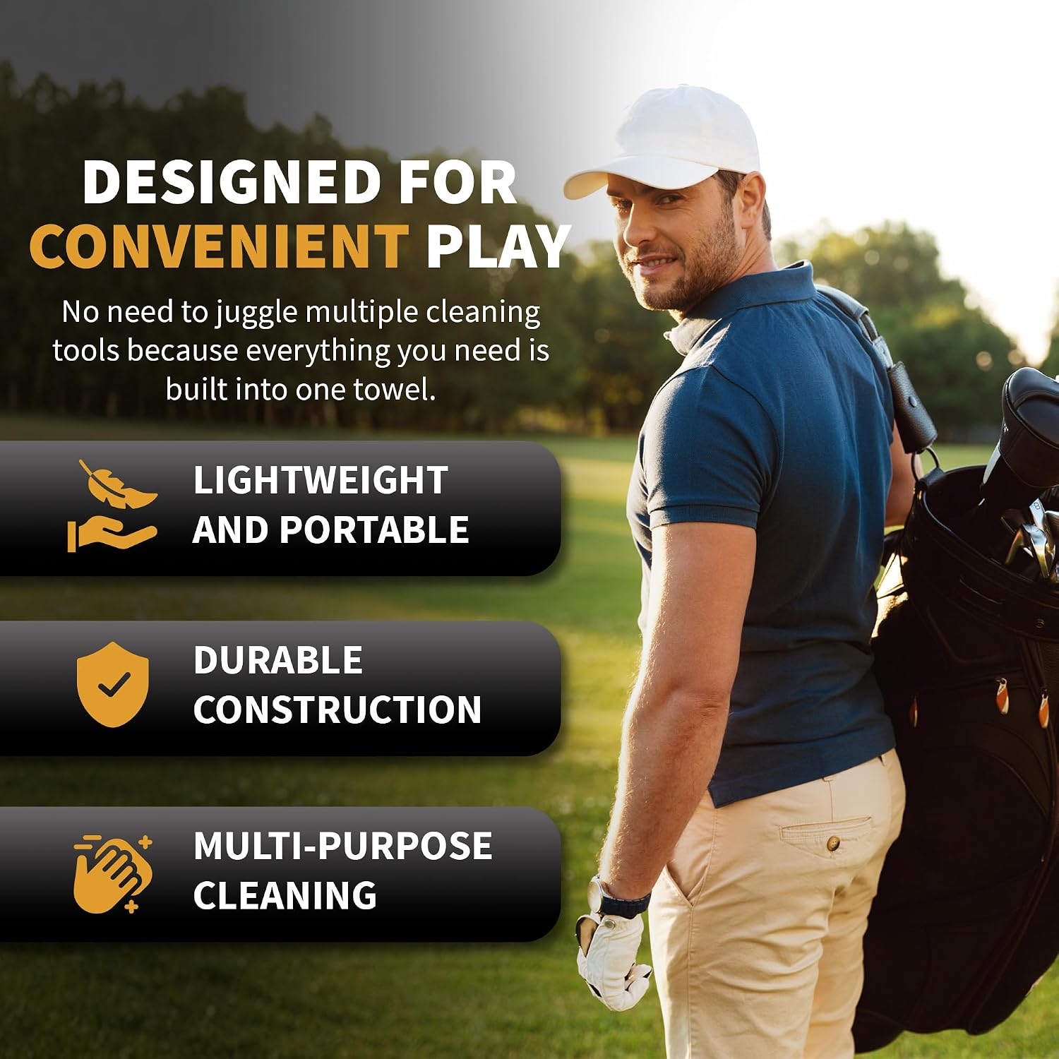 Golf Towel with Built-in Brush | 380 GSM Microfiber | Magnetic Clip + Carabiner | 16x20 | Cart Bag & Push Cart